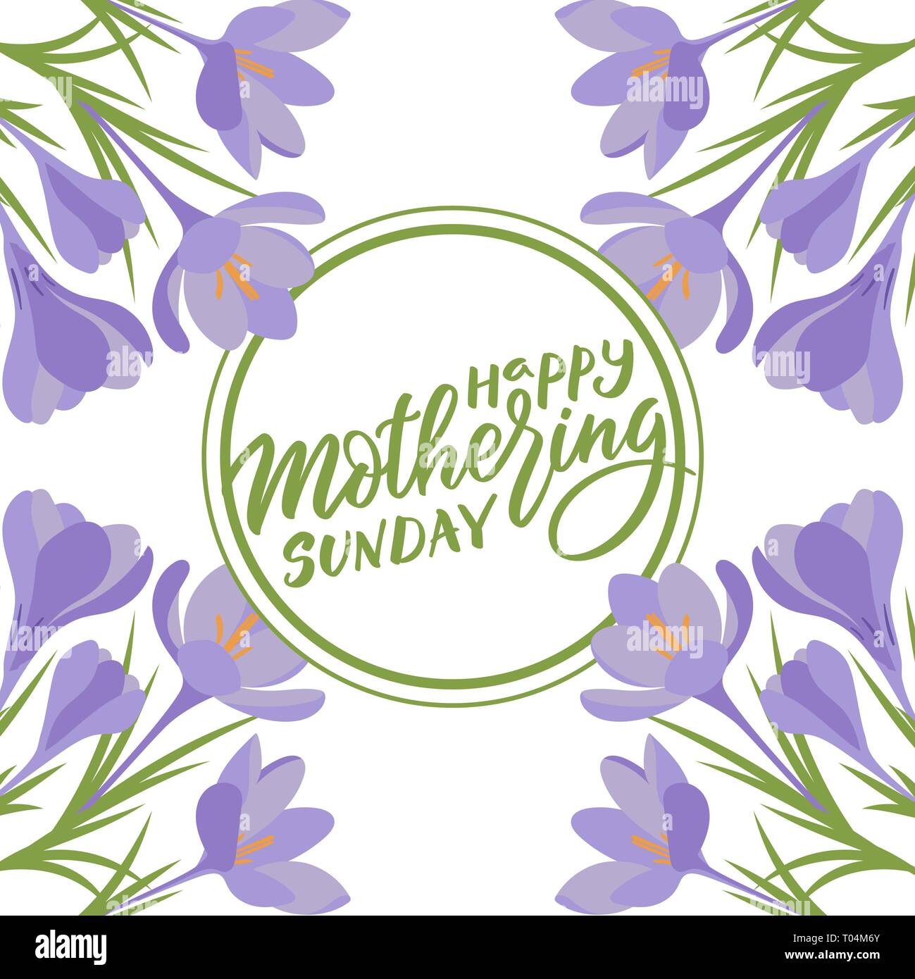 Happy mother's day text typography, lettering in circle framed with crocus flowers. for greeting cards, printed items. Round shape frame, green color  Stock Vector