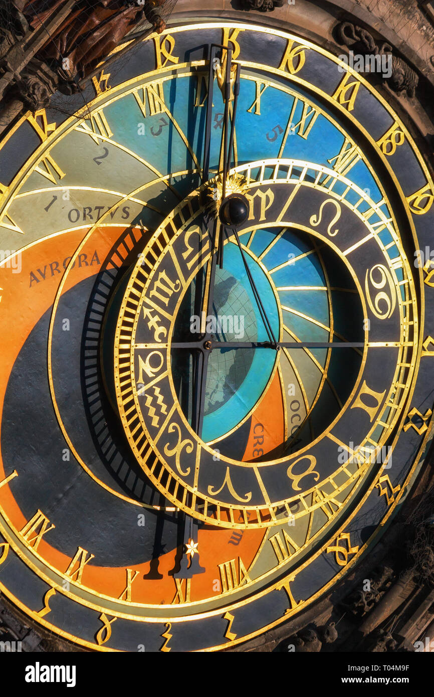 Medieval astronomical clock in Prague, Czechia (Czech Republic), placed on Old Town Hall Tower in 1410, city landmark. Stock Photo