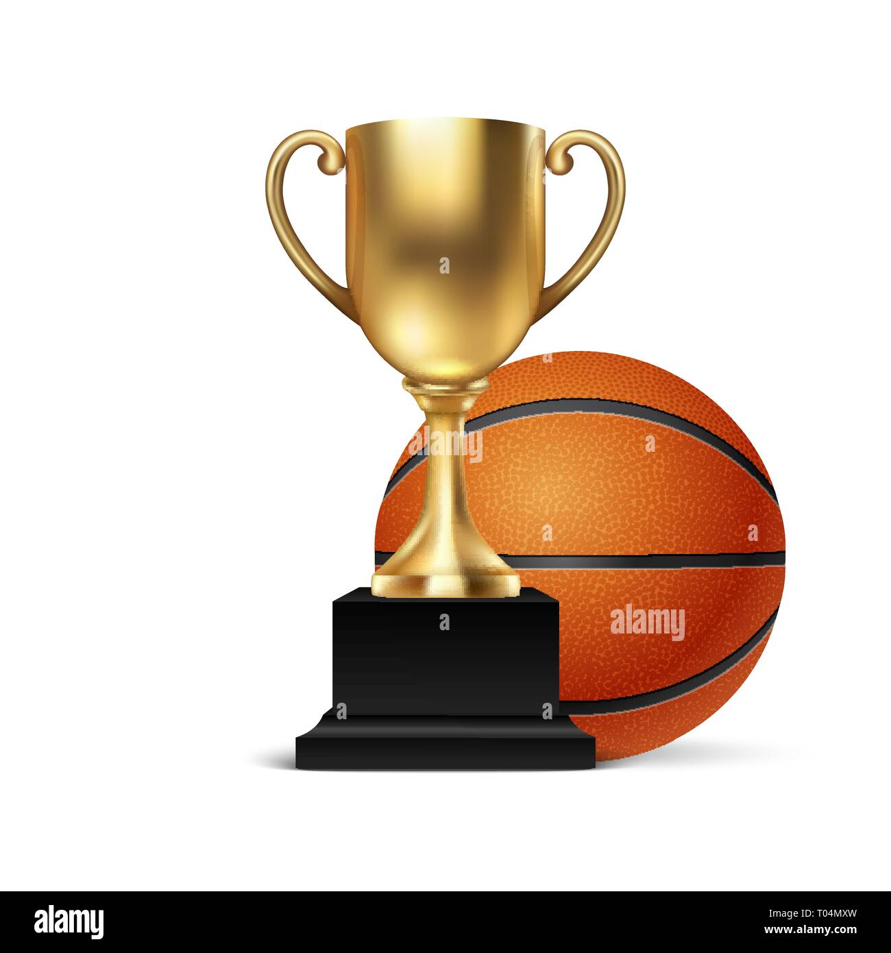 Realistic Vector 3d Blank Golden Champion Cup Icon wirh Basketball Set Closeup Isolated on White. Design Template of Championship Trophy. Sport Stock Vector