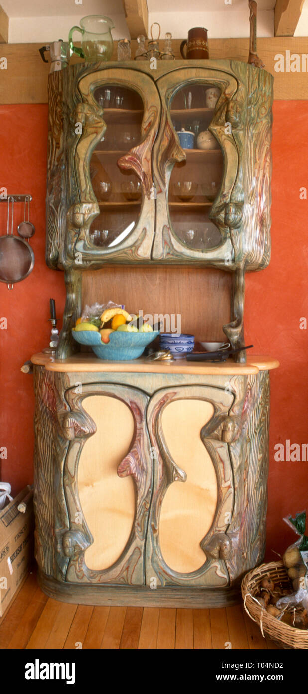 Ornate wooden kitchen cabinet Stock Photo
