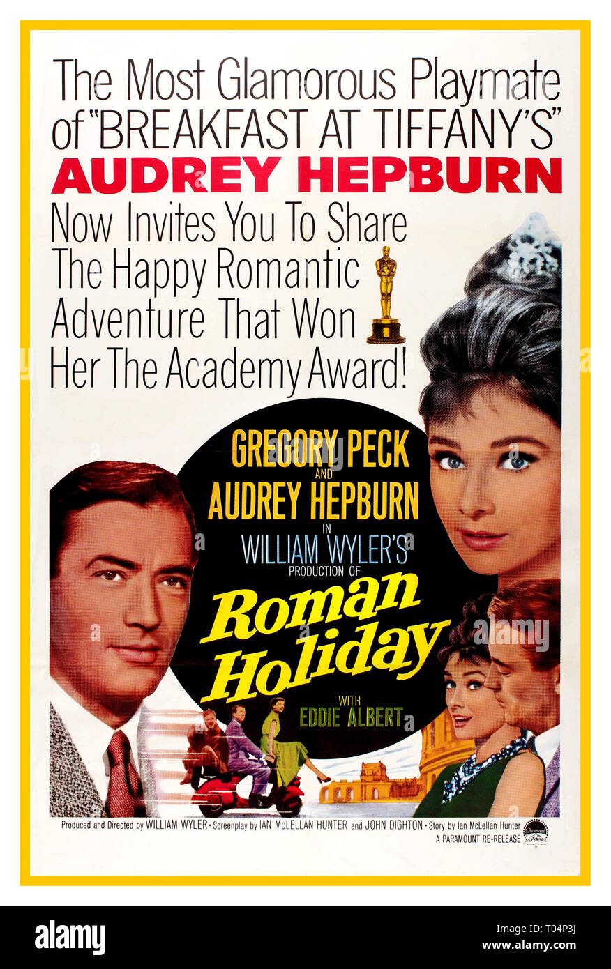 Vintage 1962 vintage movie poster for the re-release of the American Romantic comedy Roman Holiday, directed by William Wyler and starring Audrey Hepburn and Gregory Peck in the lead roles. Initially released in 1953, the film offered her first starring role to a young Audrey Hepburn for which she gained critical acclaim and won many awards, including The Academy Award for Best Actress. The film was then re-released in 1962 following the success of Breakfast at Tiffany's, Stock Photo