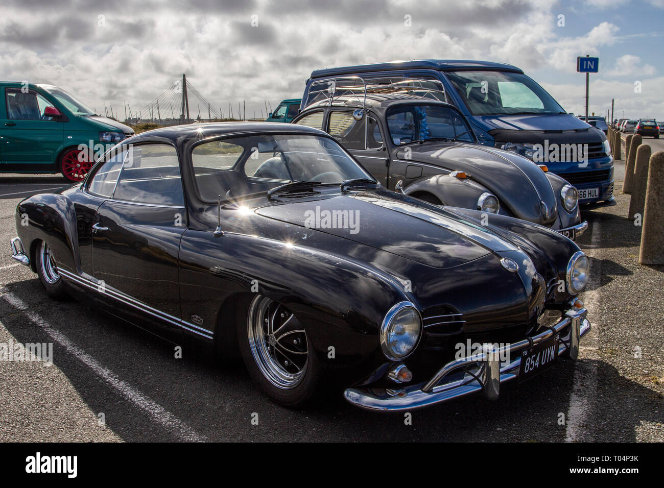 Black 1959 50s, fifties VW Volkswagen Karmann Ghia Coupe parked in Southport, UK Stock Photo