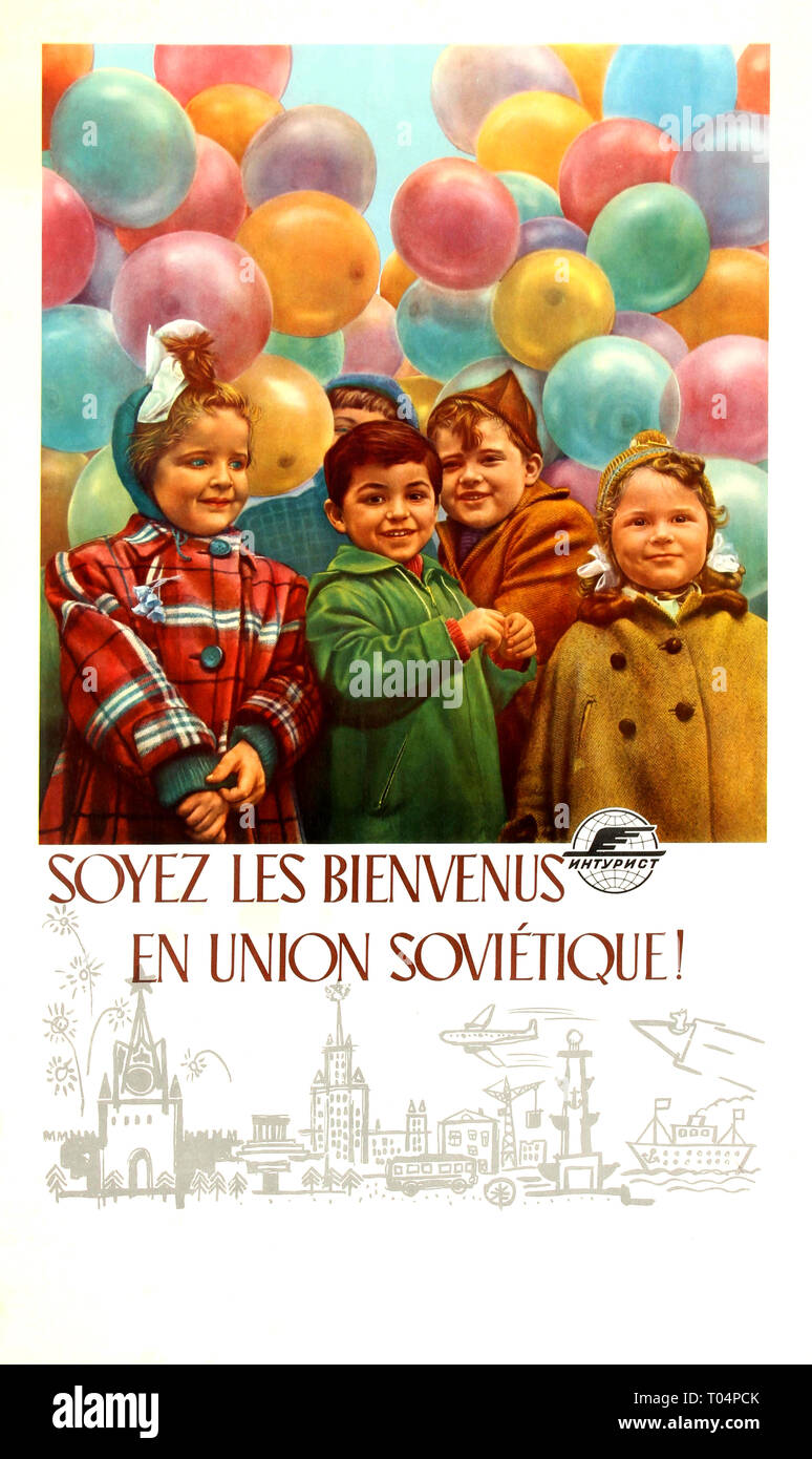 Original vintage travel poster promoting the Soviet union published by Soviet state travel agency Intourist featuring a fun illustration of children in colourful winter coats surrounded by multicoloured balloons above the message - Welcome to the Soviet Union / Soyez les Bienvenus en Union Soviétique.  Country: Russia Year:1960s Stock Photo