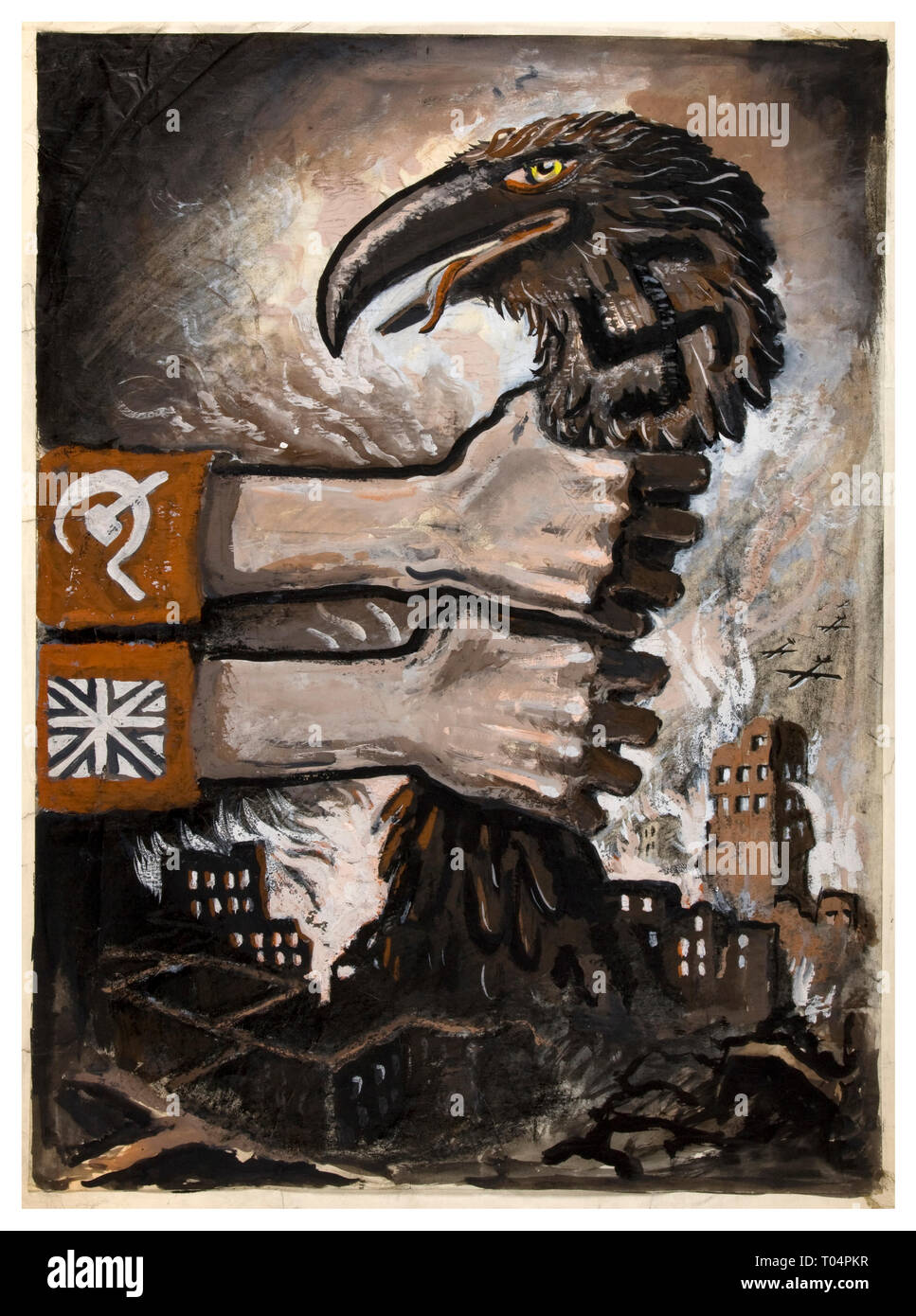 Vintage Propaganda Poster WW2 Allied Powers Soviet and British unity strangling predatory swastika wearing Germany hawk-like bird midst Nazi Germany ruins 1940's Stock Photo