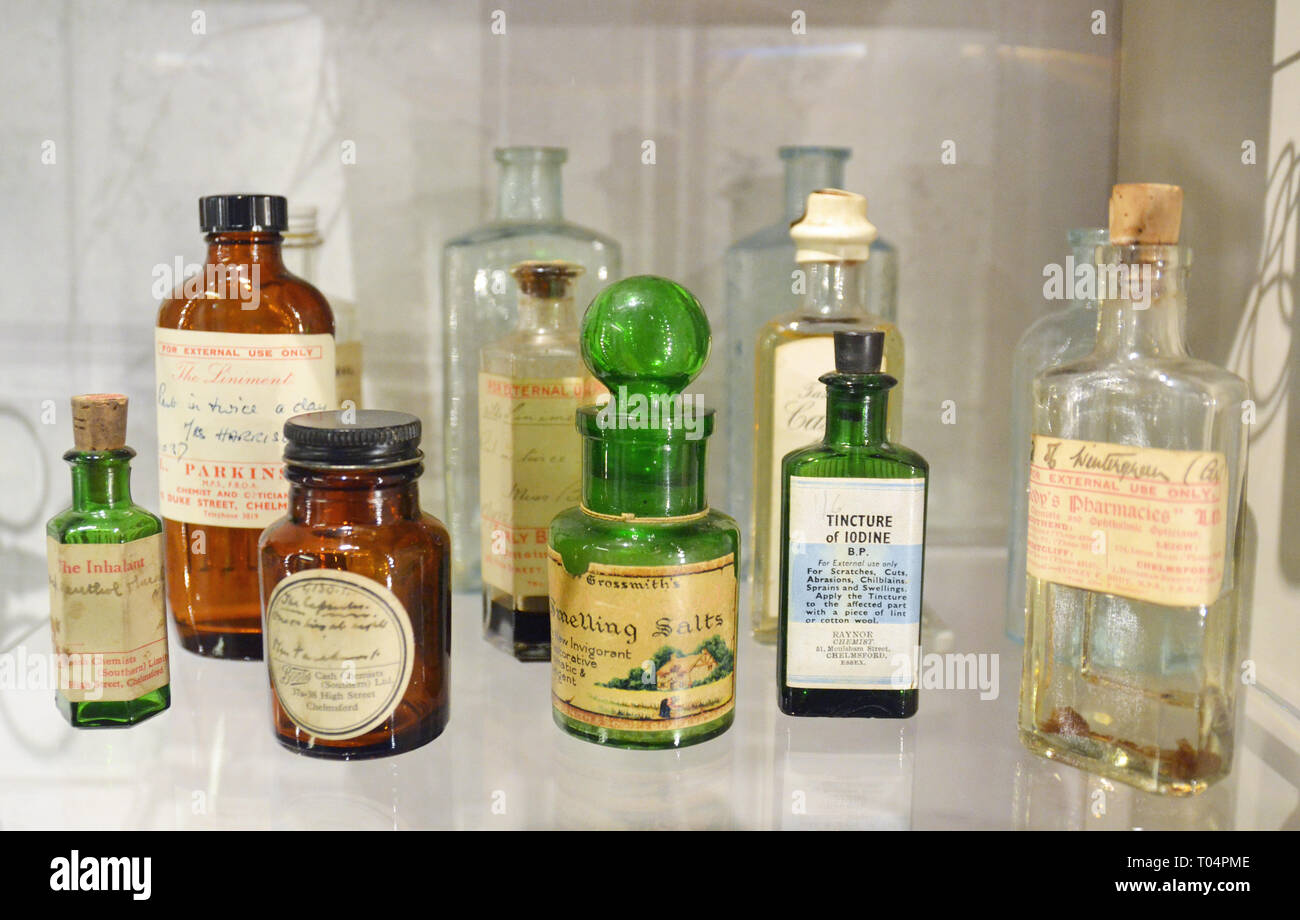 Collection of Victorian medicine bottles inside Chelmsford Museum