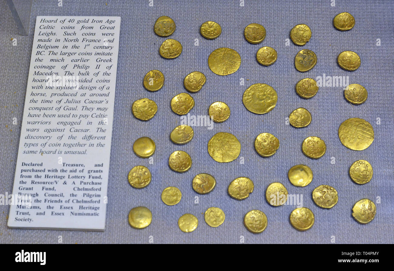 Hoard of 40 gold Iron Age Celtic coins from Great Leighs, made in 1st century BC, inside Chelmsford Museum, Chelmsford, Essex, UK Stock Photo