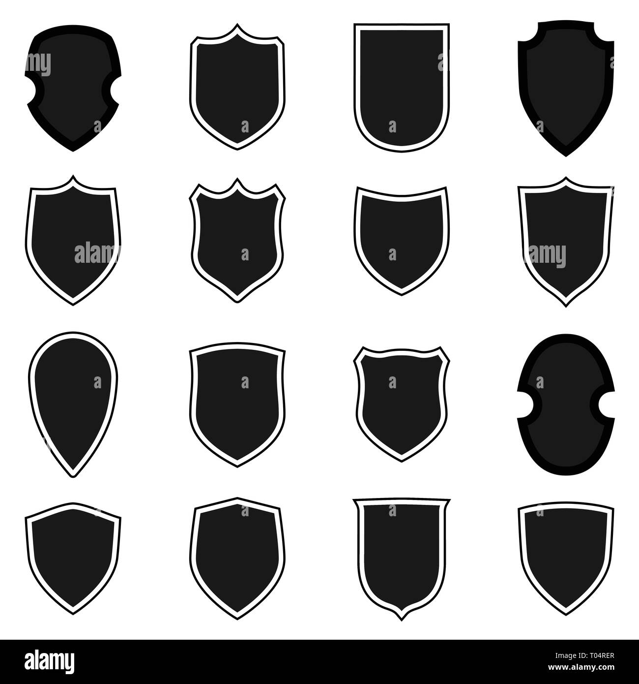 Shield shape icons set. Circuit label signs isolated on white background.  Symbol of protection, arms, security, safety. Flat retro style design.  Stock Vector