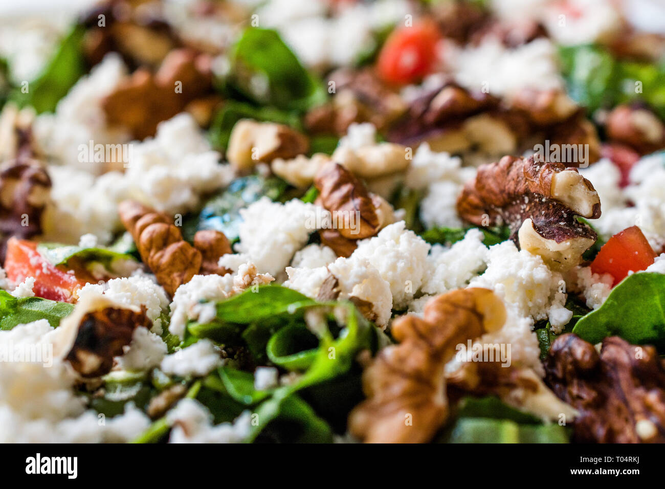 Curd Cheese Salad with Walnut, Arugula Rucola or Rocket Leaves / Cottage Salad. Organic Food. Stock Photo