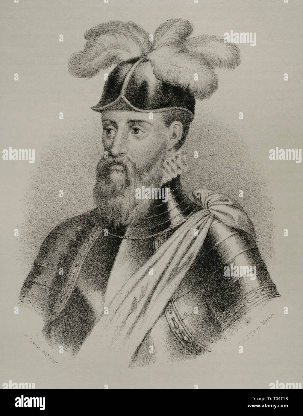 Francisco Pizarro (1478-1541). Spanish conqueror of the Inca empire. Lithography. Drawing by Jose Cebrian (1839-1904). Cronica General de España, Historia Ilustrada y Descriptiva de sus Provincias. Extremadura, 1870. Stock Photo