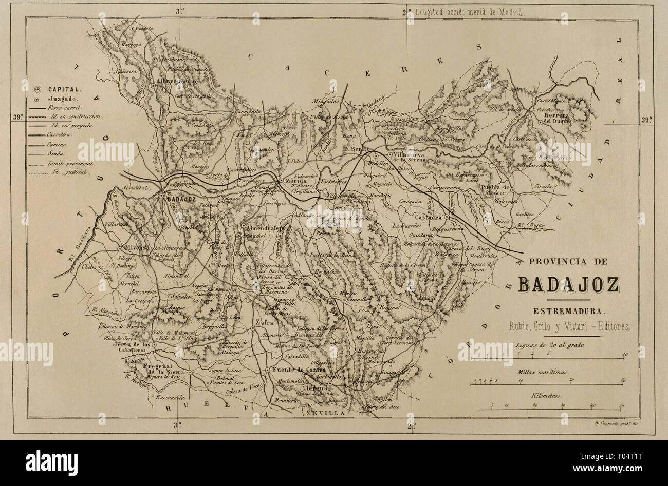 Map of the province of Badajoz. Extremadura, Spain. Cronica General de España, Historia Ilustrada y Descriptiva de sus Provincias. Extremadura, 1870. Stock Photo
