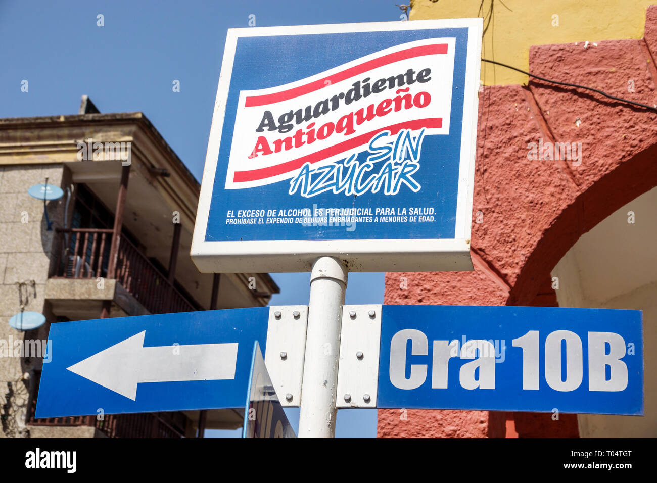 Cartagena Colombia,Center,centre,Getsemani,sign Spanish language,Aguardiente Antioqueno,sugar free,alcoholic drink,liquor ad,anti-drinking warning,COL Stock Photo