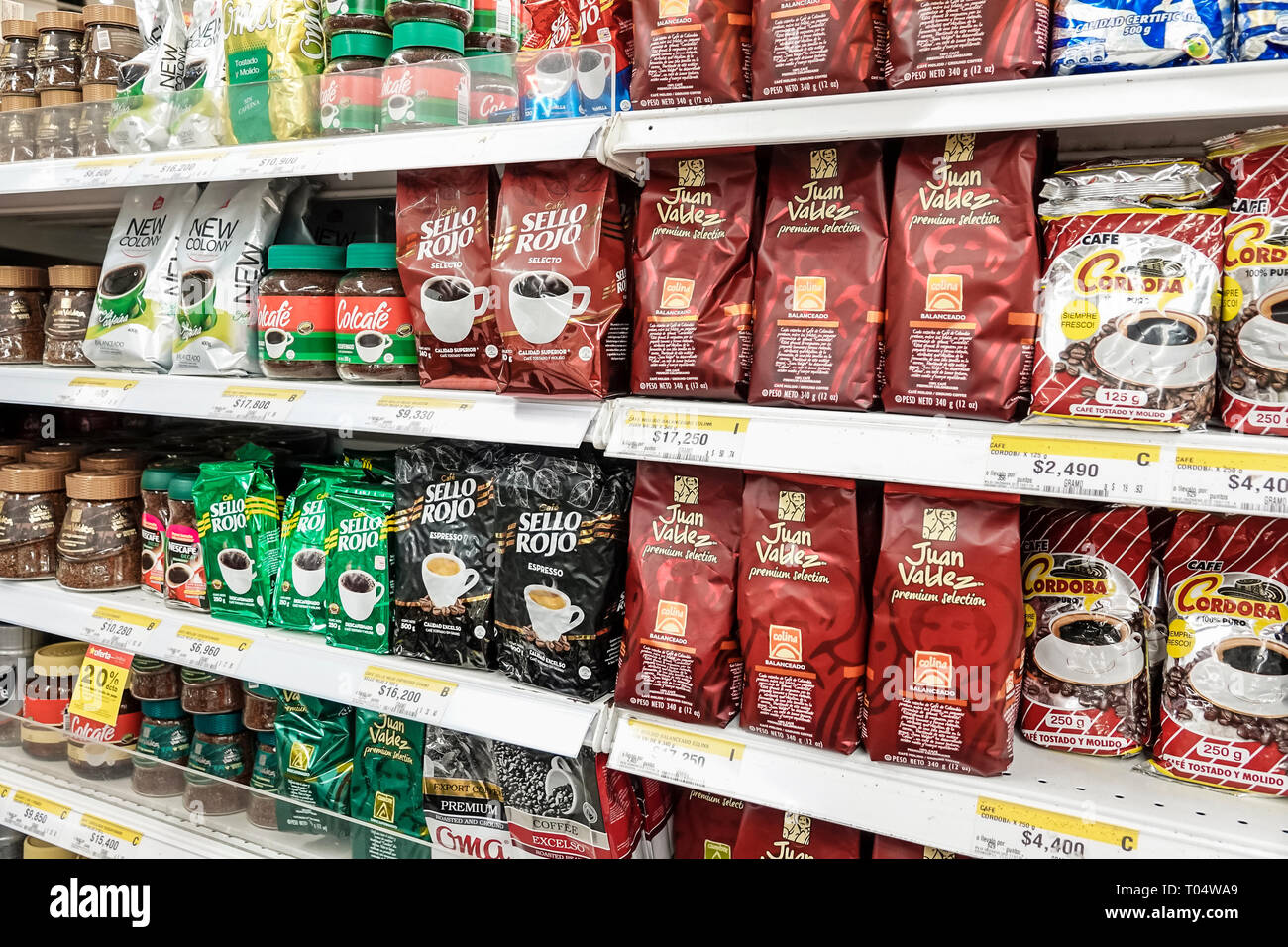 Cartagena Colombia,Center,centre,La Matuna,Exito Mercado,inside interior,grocery store supermarket,display sale food shelf shelves,packaging products, Stock Photo