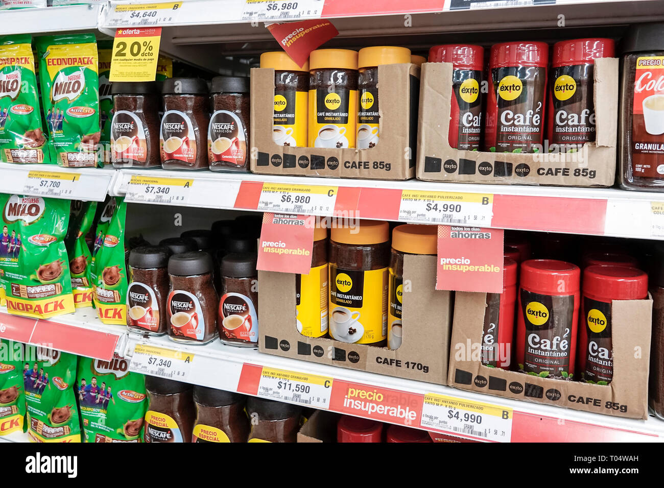 Cartagena Colombia,Center,centre,La Matuna,Exito Mercado,inside interior,grocery store supermarket,display sale food shelf shelves,packaging products, Stock Photo