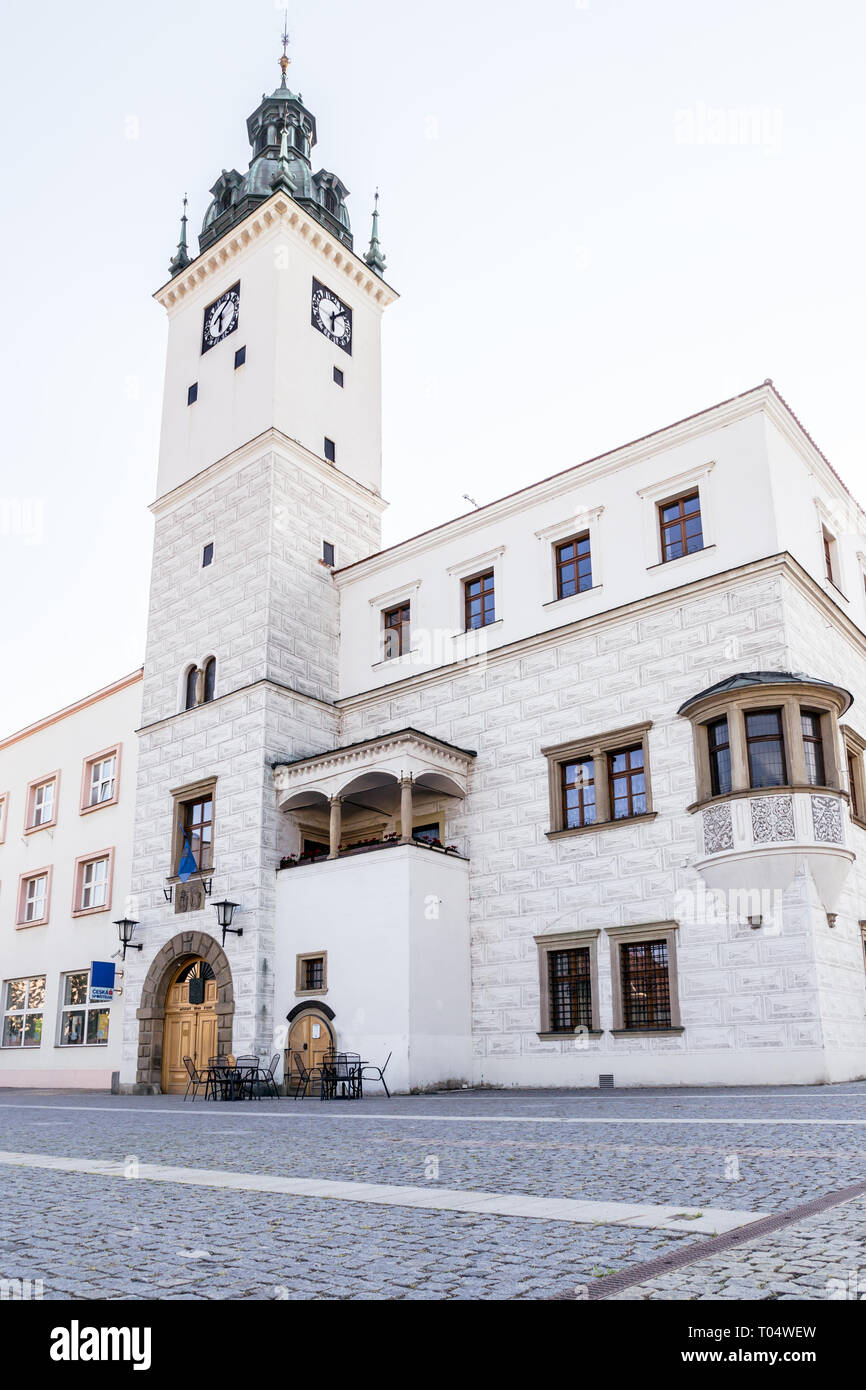 The town hall in Kyjov, South Moravia, Czech Republic. It has ornate sgraffito patterned bricks, a bay window and clock tower in Renaissance style. Stock Photo