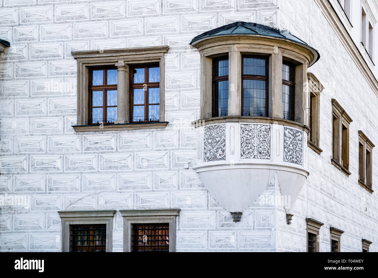 The town hall in Kyjov, South Moravia, Czech Republic. Showing the ornate sgraffito patterned design bricks and corner bay window in Renaissance style Stock Photo