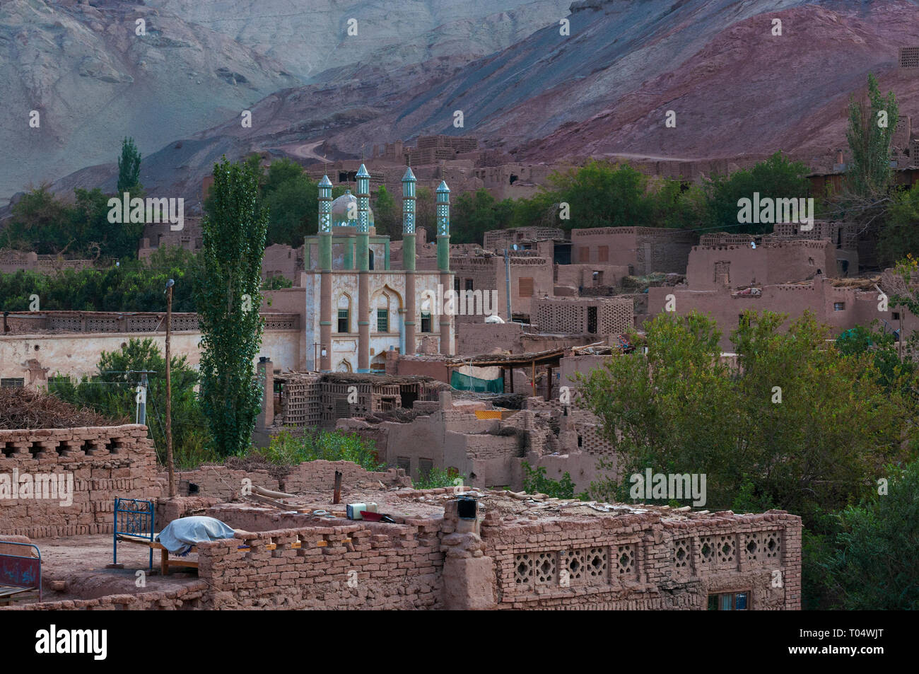 View of the Uyghur village of Tuyog, with a mosque and mountains on the background, Xinjiang region, China. Stock Photo