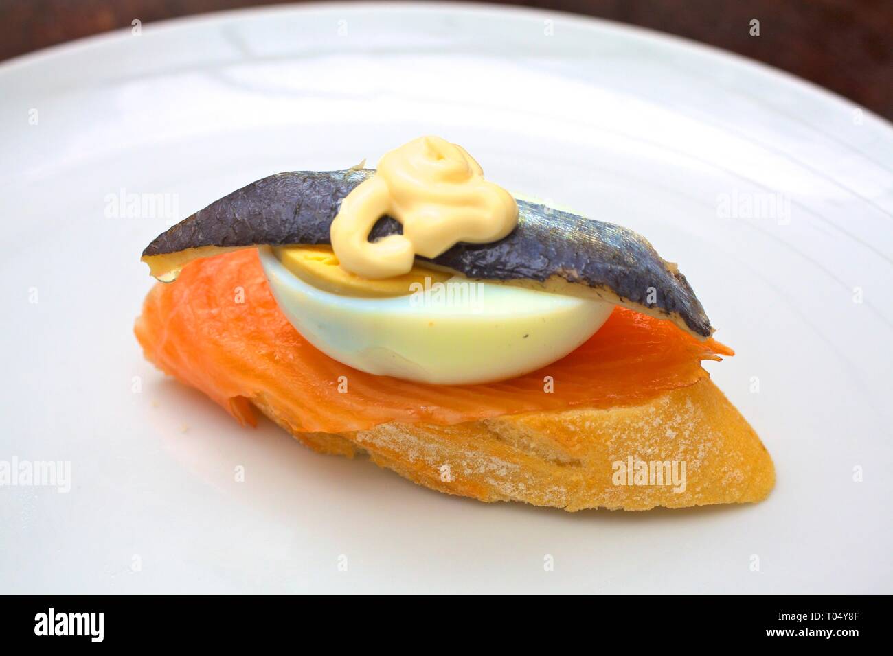 Anchovy, Egg, Salmon and Mayonnaise Tapas Stock Photo Alamy