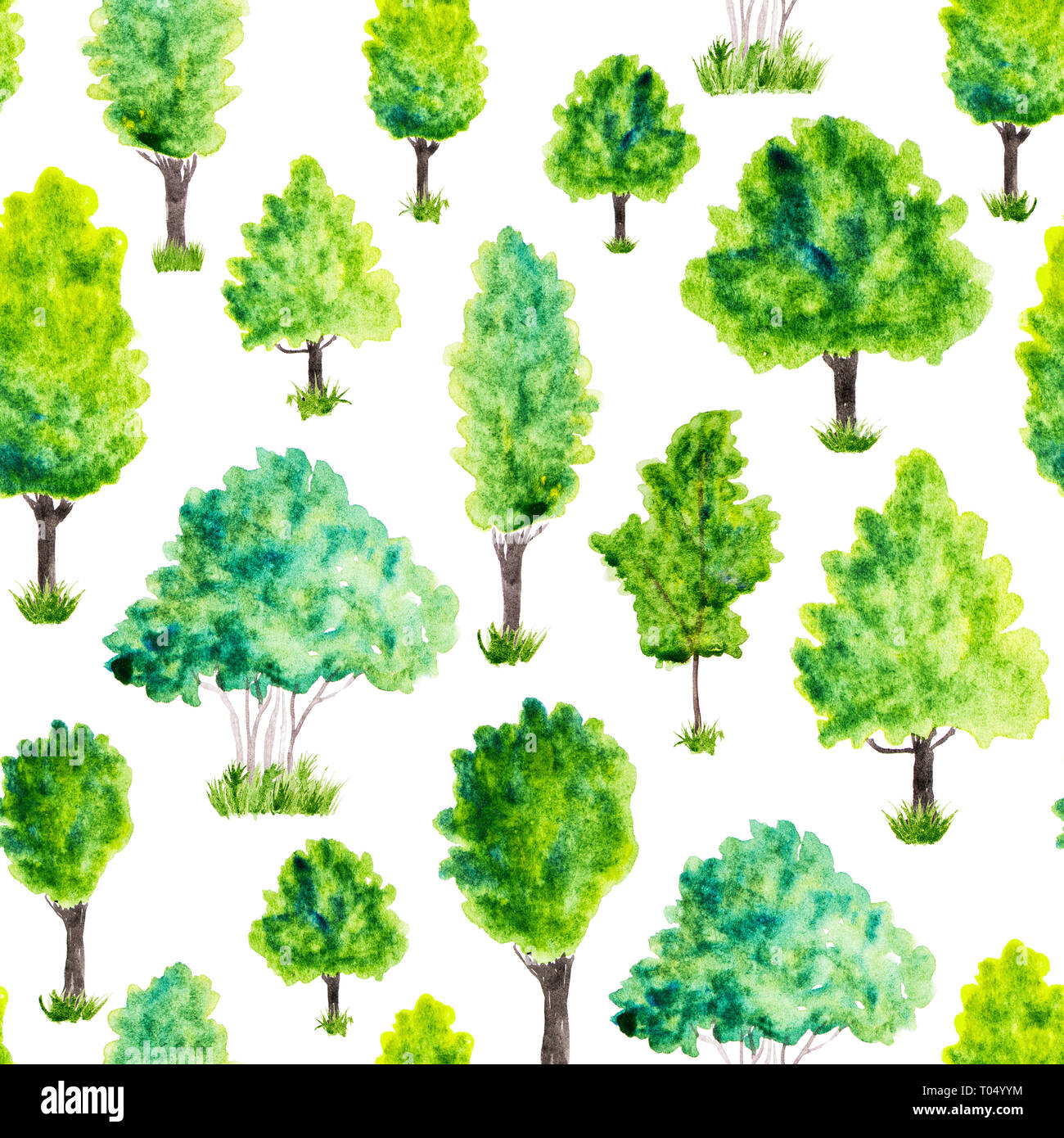 Seamless pattern with watercolor green trees and grass. Nature ...