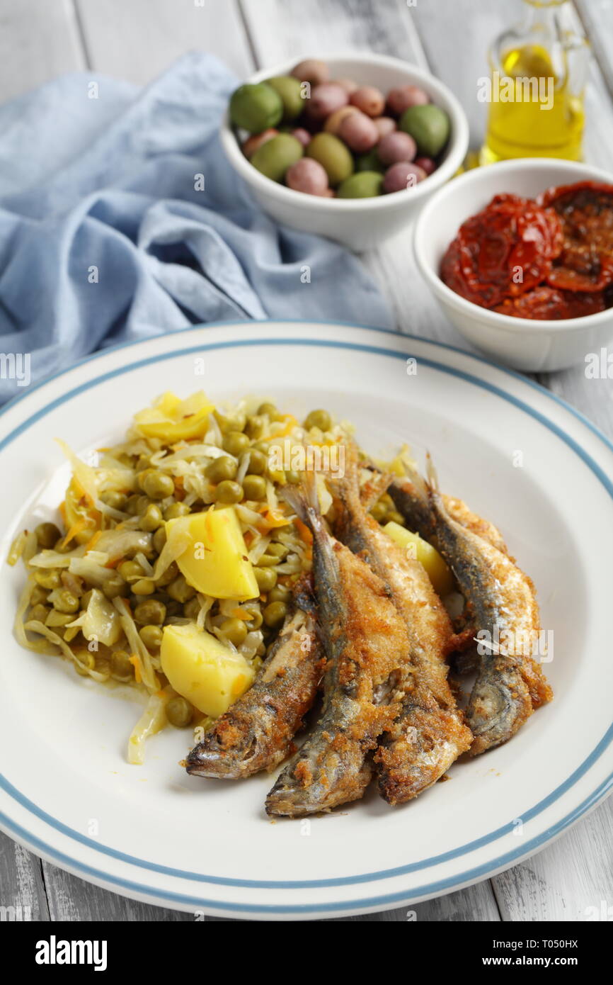 Chicharros fritos, traditional Portugal roasted breaded horse mackerel