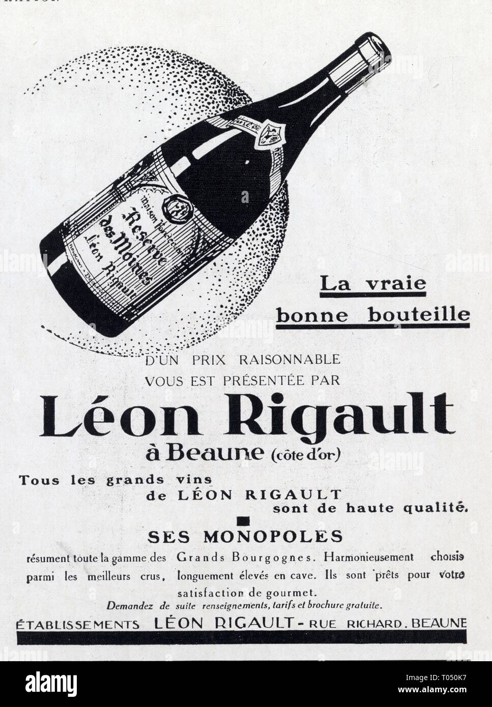 Publicité ancienne. La vraie bonne bouteille. Léon Rigault. 1 mars 1930 Stock Photo