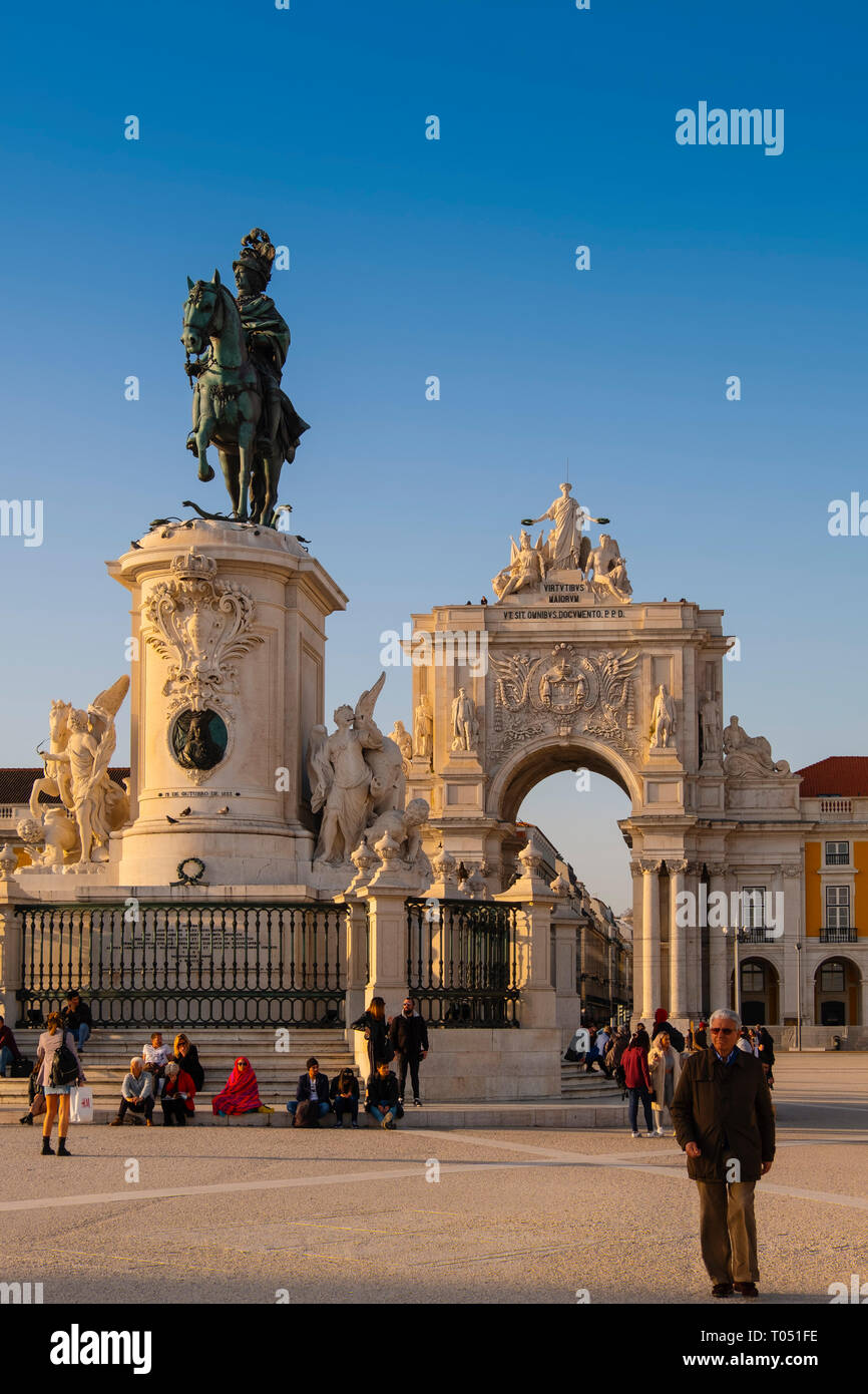 Statue of King Jose I. Triumphal Arch of Rua Augusta, Commerce Square. Lisbon, Portugal. Europe Stock Photo