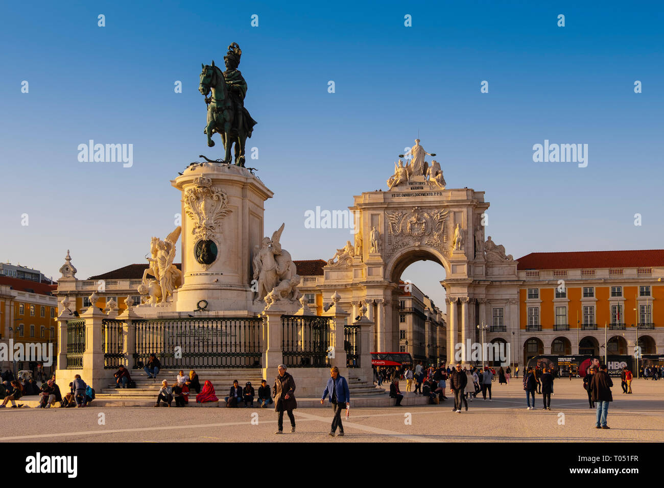 Statue of King Jose I. Triumphal Arch of Rua Augusta, Commerce Square. Lisbon, Portugal. Europe Stock Photo