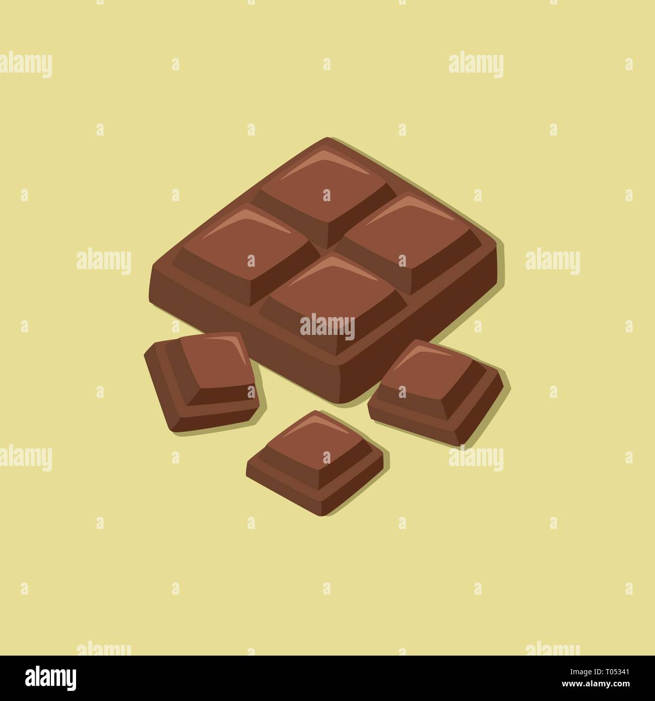 Chocolate Bar and Chocolate Pieces isolated on Brown Background Vector