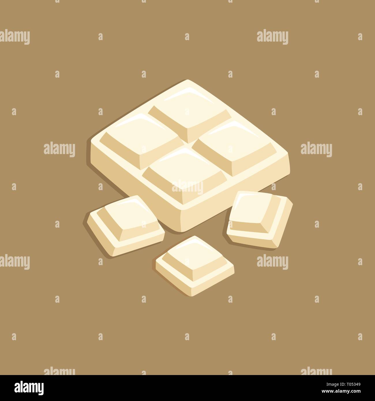 White Milk Chocolate Block Bar and Pieces on Dark Brown Background Vector Illustration Stock Vector