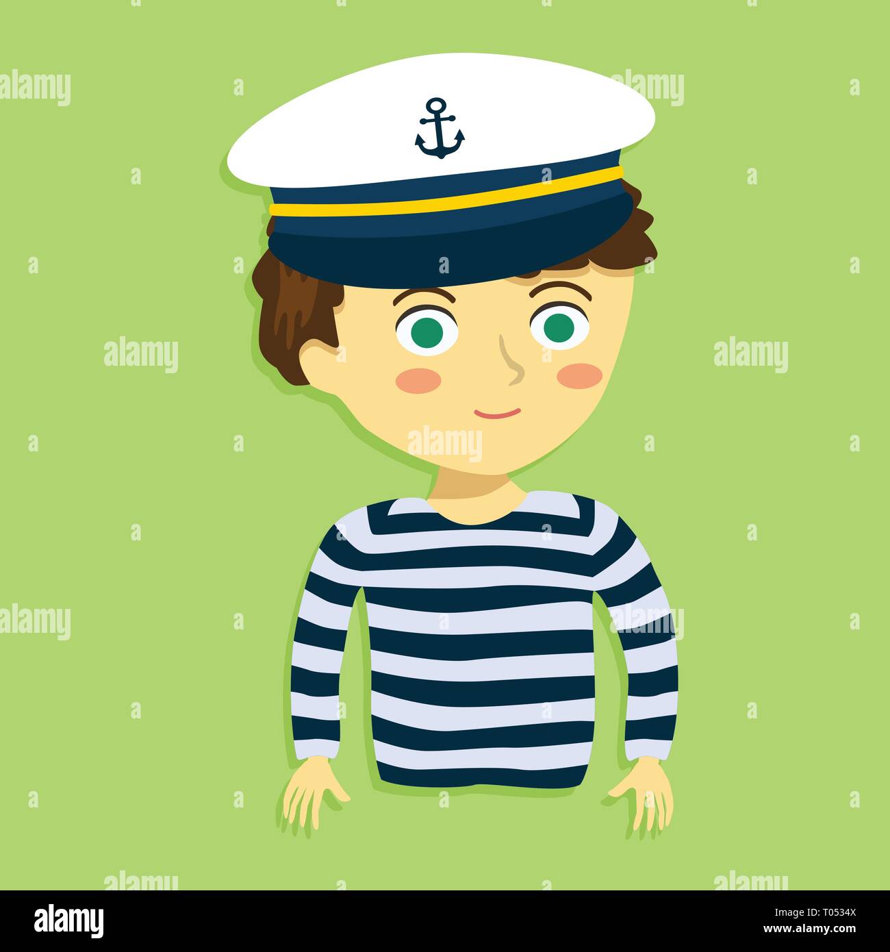 Boy with Sailor Shirt and Marine Captain Cap on Green Background Cartoon Vector Illustration Stock Vector