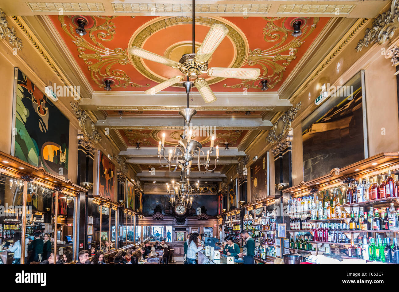 Lisbon, Portugal - 12 28 2018: Peope and Art Nouveau interior design of the Café A Brasileira Stock Photo