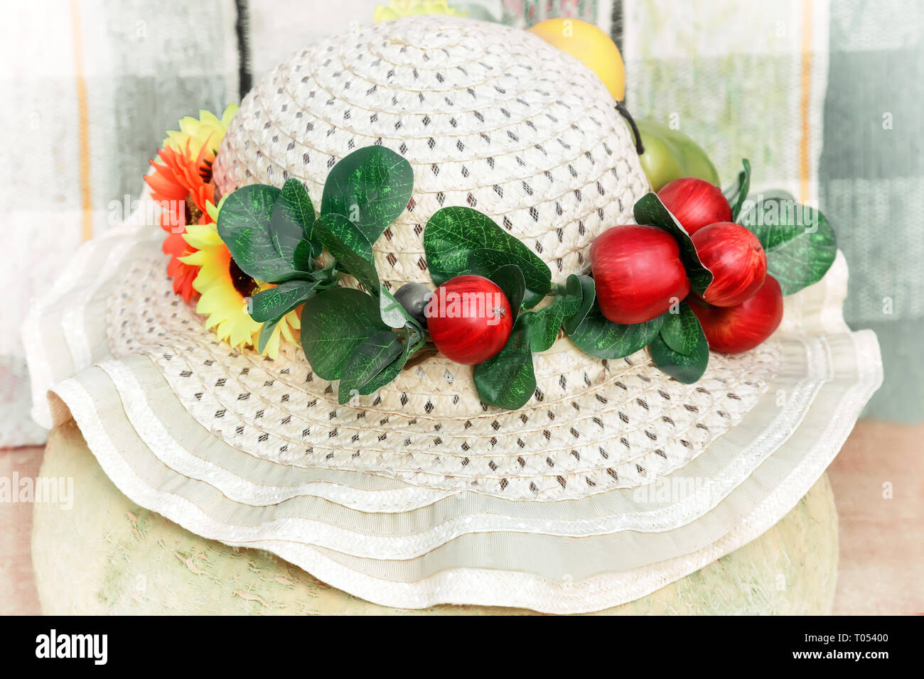 White Women S Hat With Straw Brim Decorated With Artificial Fruit