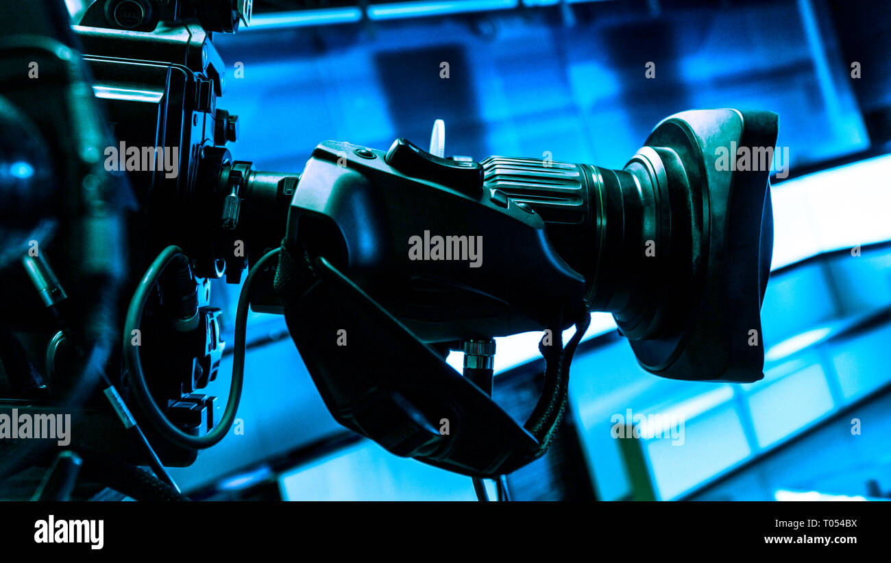 Professional digital video camera. accessories for 4k video cameras. tv camera in a tv studio. Stock Photo