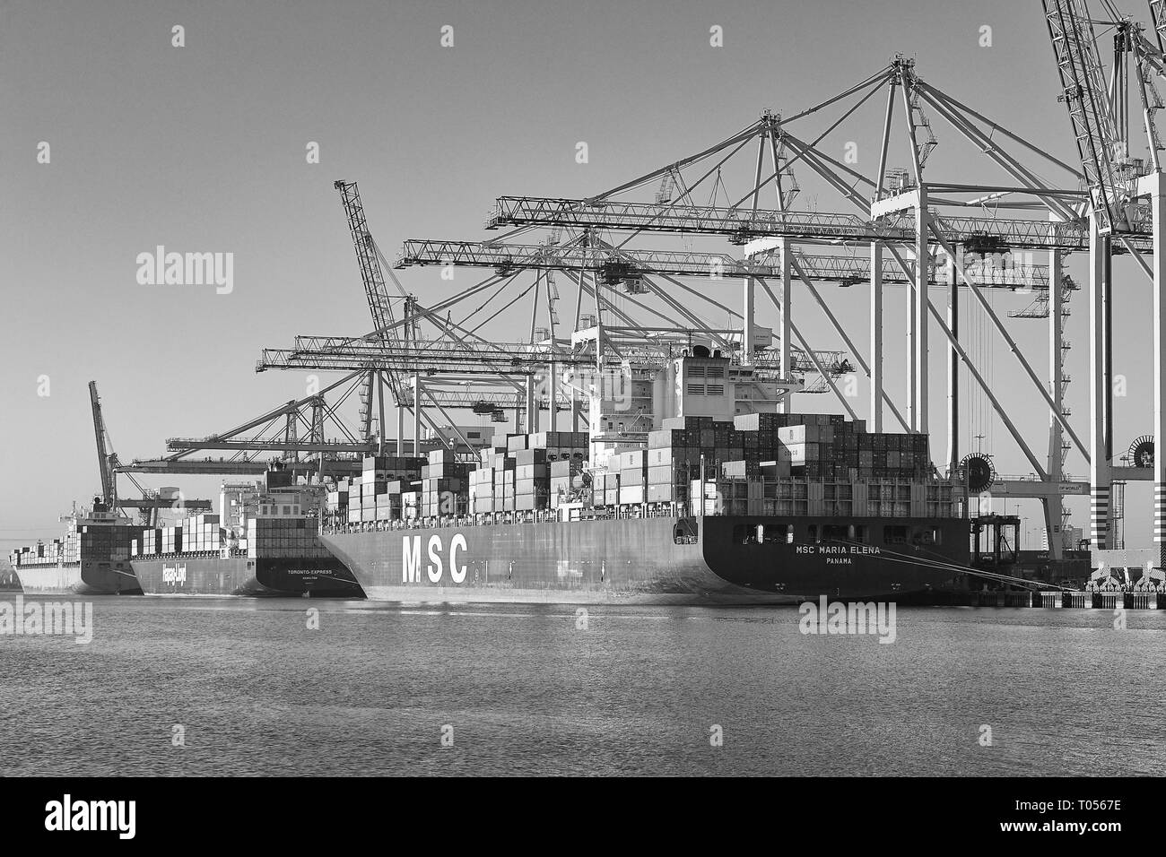 Black And White Photo Of Container Ships Busy Loading And Unloading Shipping Containers At The Southampton Container Terminal, Hampshire, UK. Stock Photo