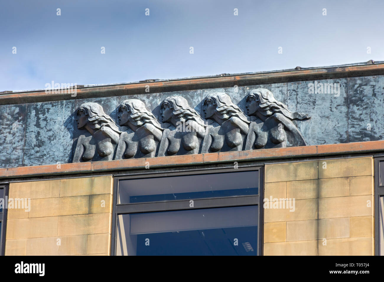 The Wise Virgins, a sculpture by Gerald Laing, on the Standard Life building, George Street, Edinburgh, Scotland, UK Stock Photo