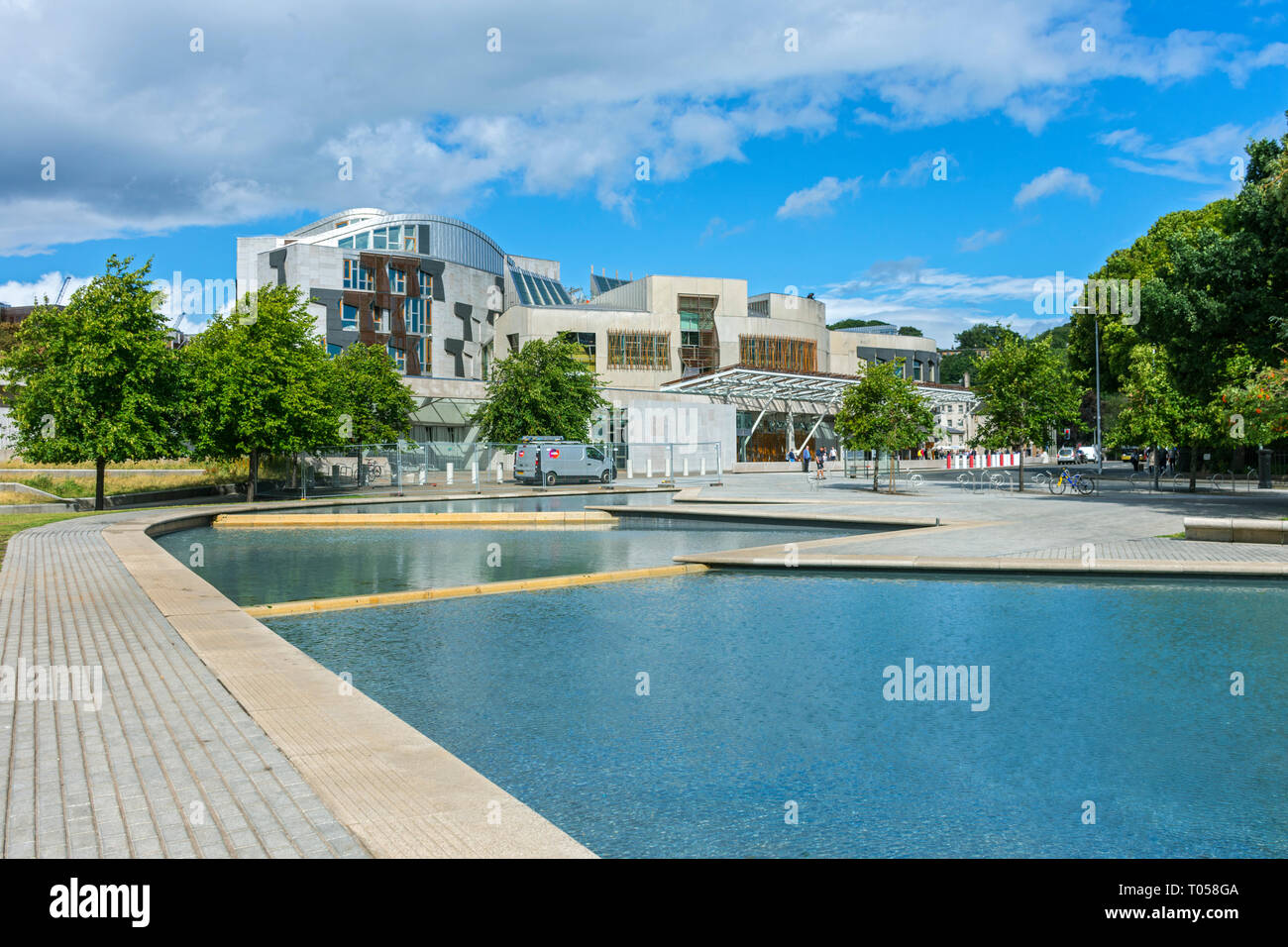The Scottish Parliament Building (by Enric Miralles 2004), from the park area, Holyrood, Edinburgh, Scotland, UK Stock Photo