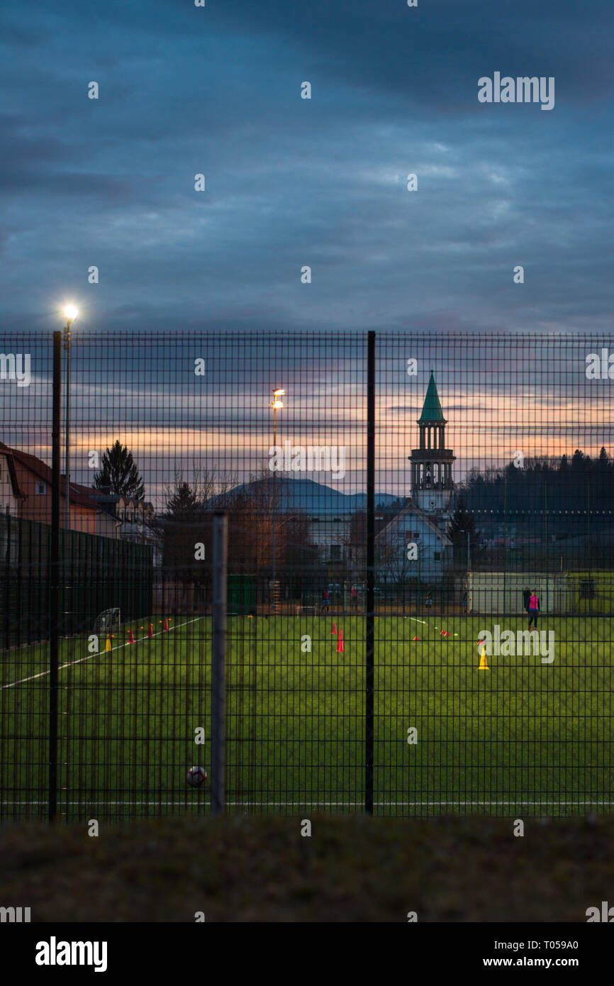 Football pitch at dusk Stock Photo