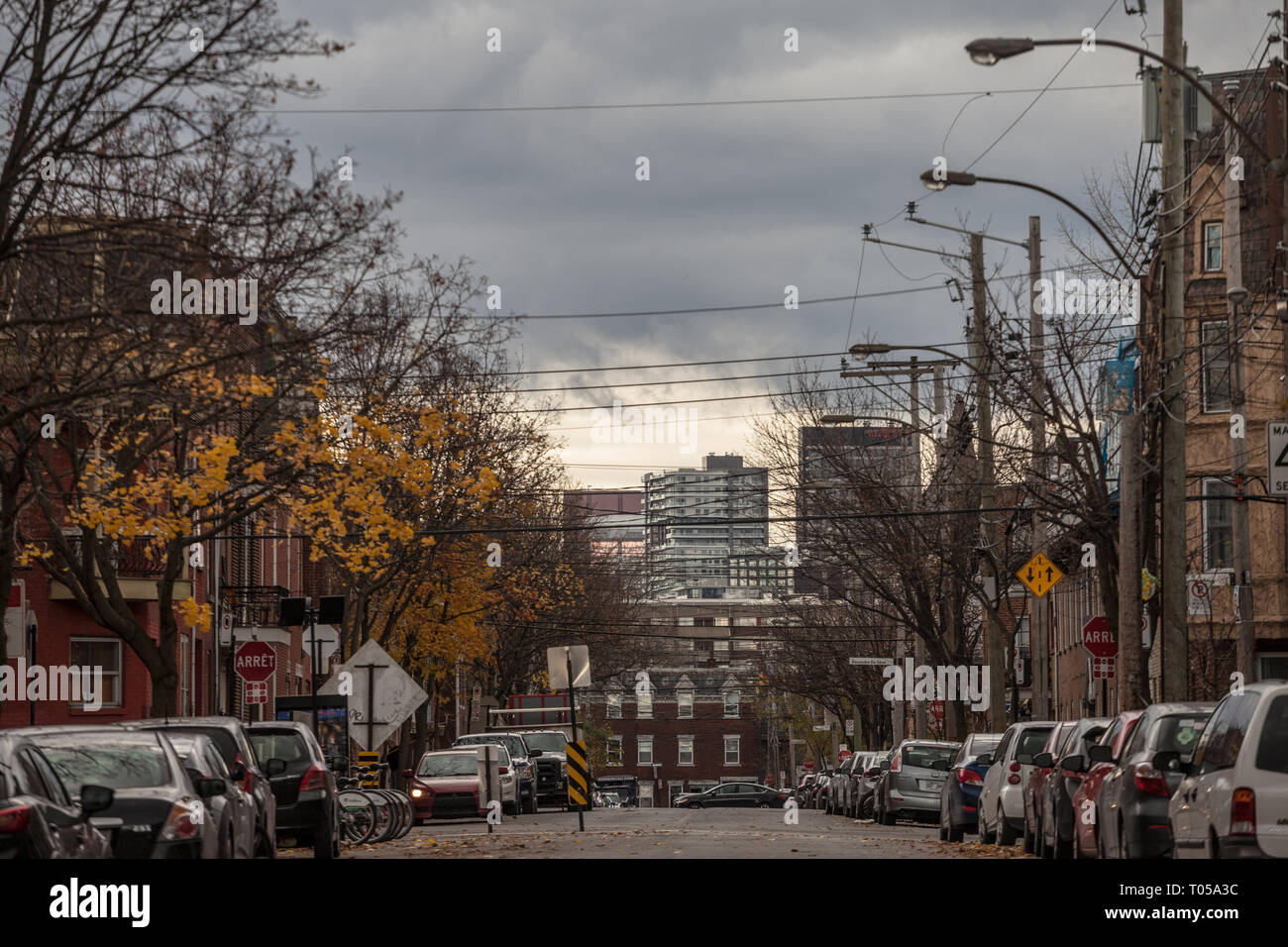 OTTAWA, CANADA - NOVEMBER 8, 2018: Typical north American residential street in autumn in Le Plateau, Montreal, Quebec, during an autumn afternoon, wi Stock Photo