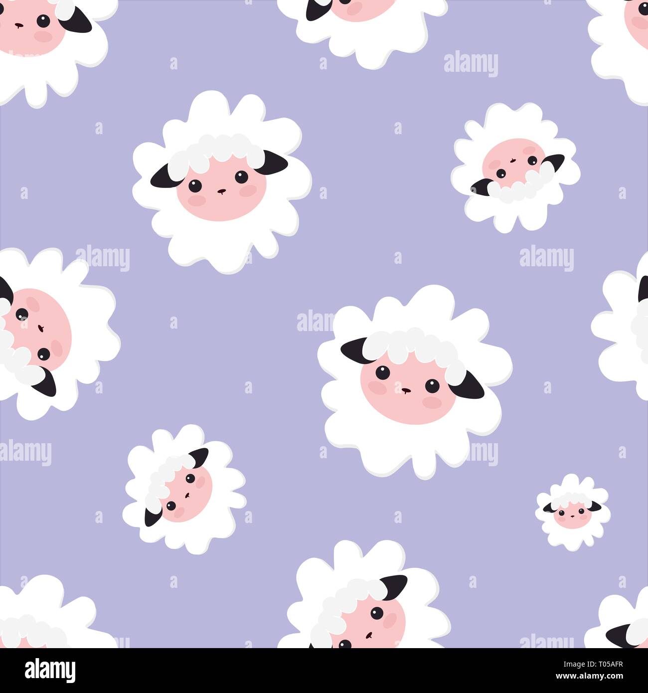 Textile design, wallpapers, backgrounds and prints, packaging. Vector illustration seamless sheep animal. violet pattern for girls with cute sheep. Stock Vector
