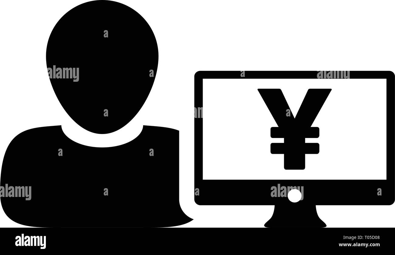 Person icon vector male user avatar with Yen sign and computer monitor ...