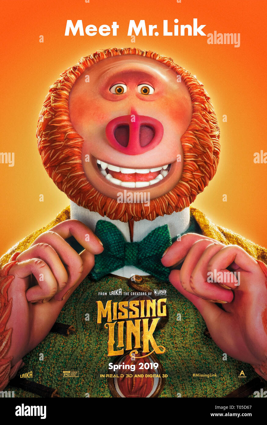 Missing Link (2019) directed by Chris Butler and starring Hugh Jackman, Zoe Saldana, Emma Thompson and Timothy Olyphant. Mr Link joins an expedition to the valley of Shangri-La. Stock Photo