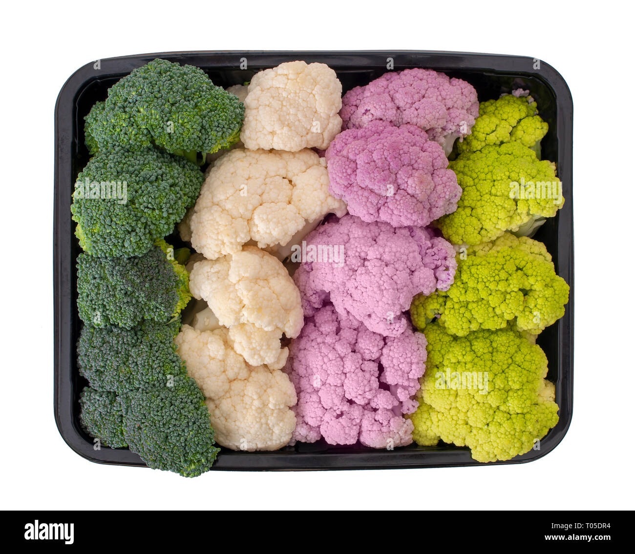 Colourful vegetables, isolated on white. Raw cauliflower and broccoli florets. Healthy assortment. Supermarket packed. Stock Photo