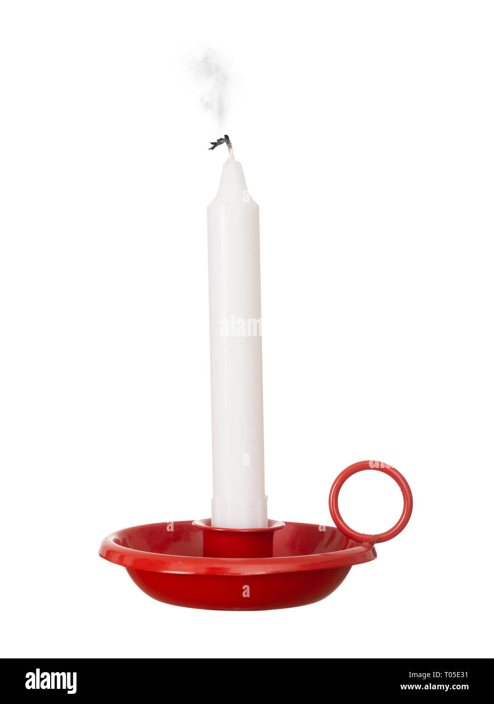 Snuffed out white domestic candle, isolated on white background. Literal or hopes extinguished metaphor. Stock Photo