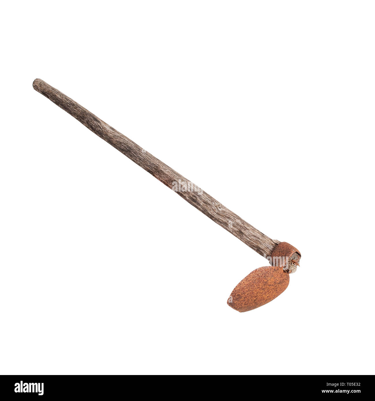 Rusty old hoe isolated on white. Vintage agricultural tool. Stock Photo