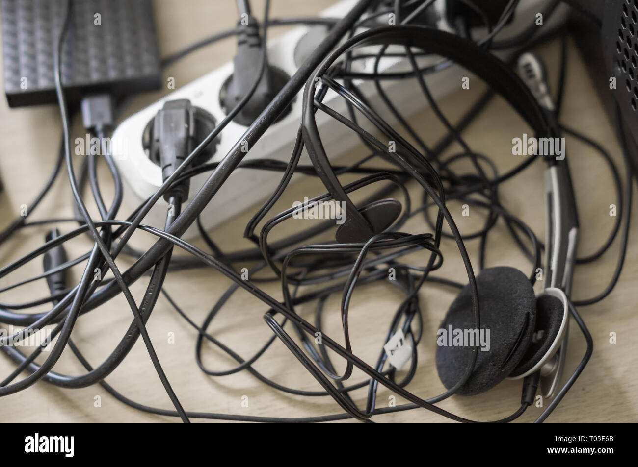 many different wires from different gadgets Stock Photo