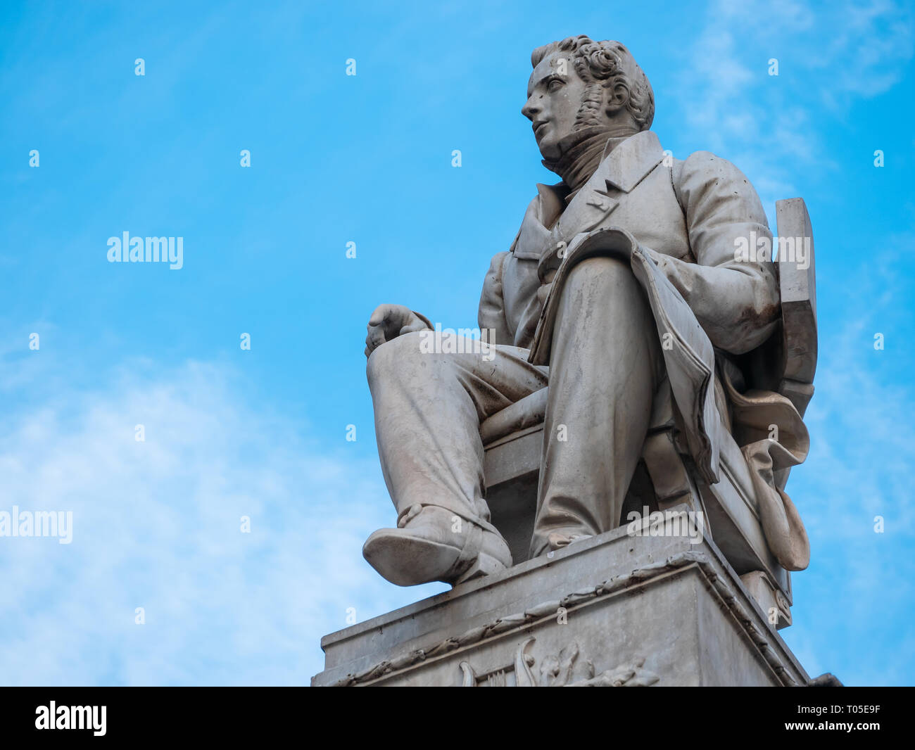 A particular view of the statue of Vincenzo Bellini, a famous Italian