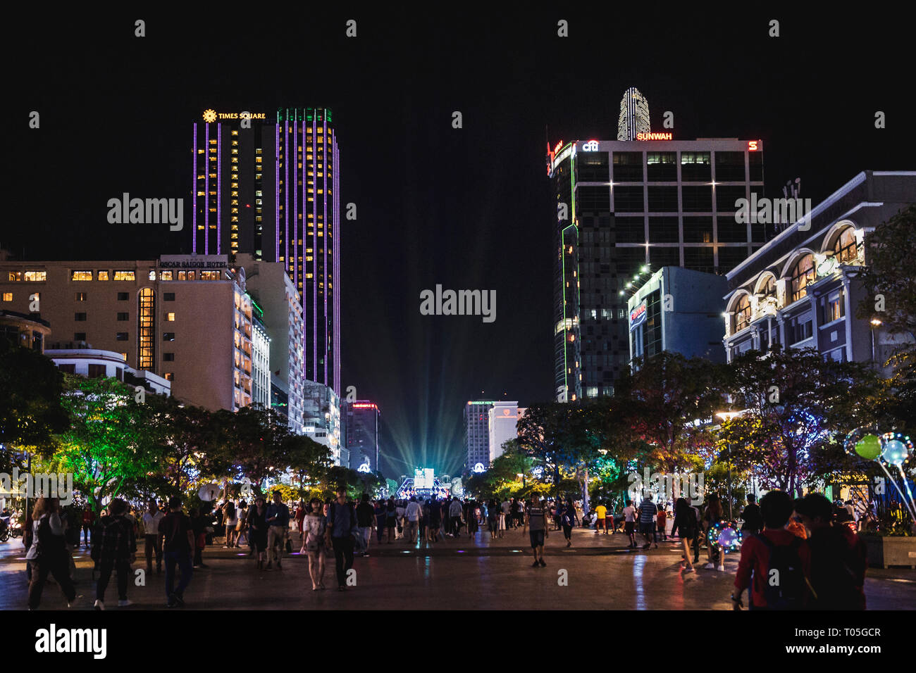 Ho Chi Minh City, Saigon, Vietnam. People gather in Ho Chi Minh city hall at night to attend New
