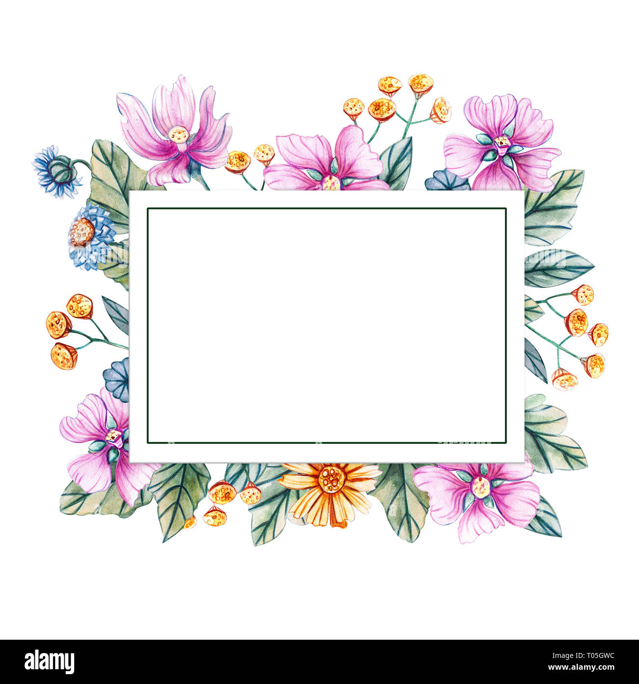 Floral square frame of watercolor wildflowers. There is a place for text. Flowers isolated on white background. Stock Photo