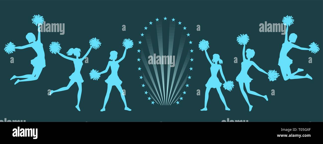 Silhouettes of Cheerleaders with pom-poms on dark background. Stock Vector