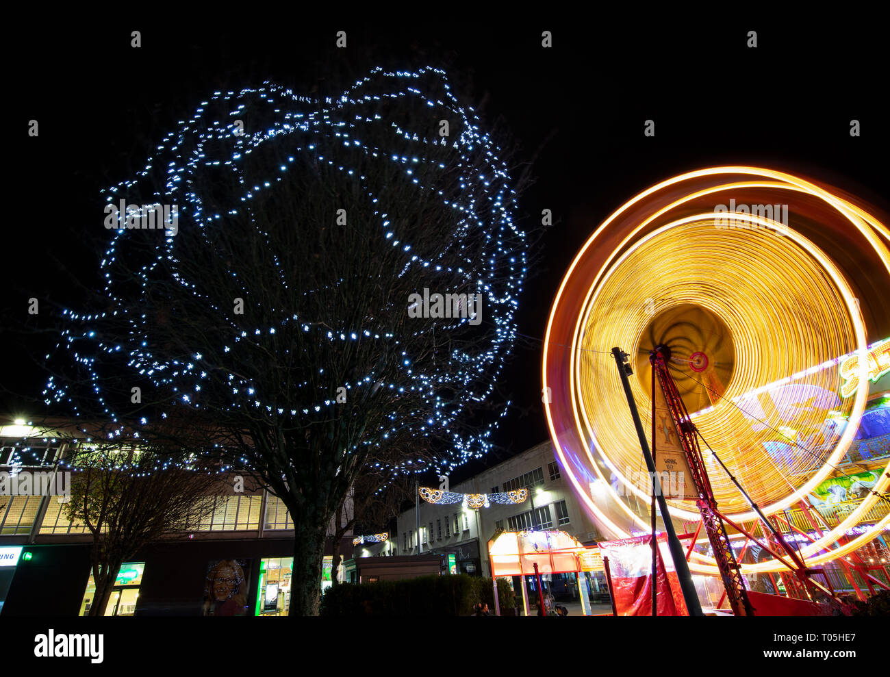 The Christmas lights and fairground rides in Plymouth, Devon,UK Stock