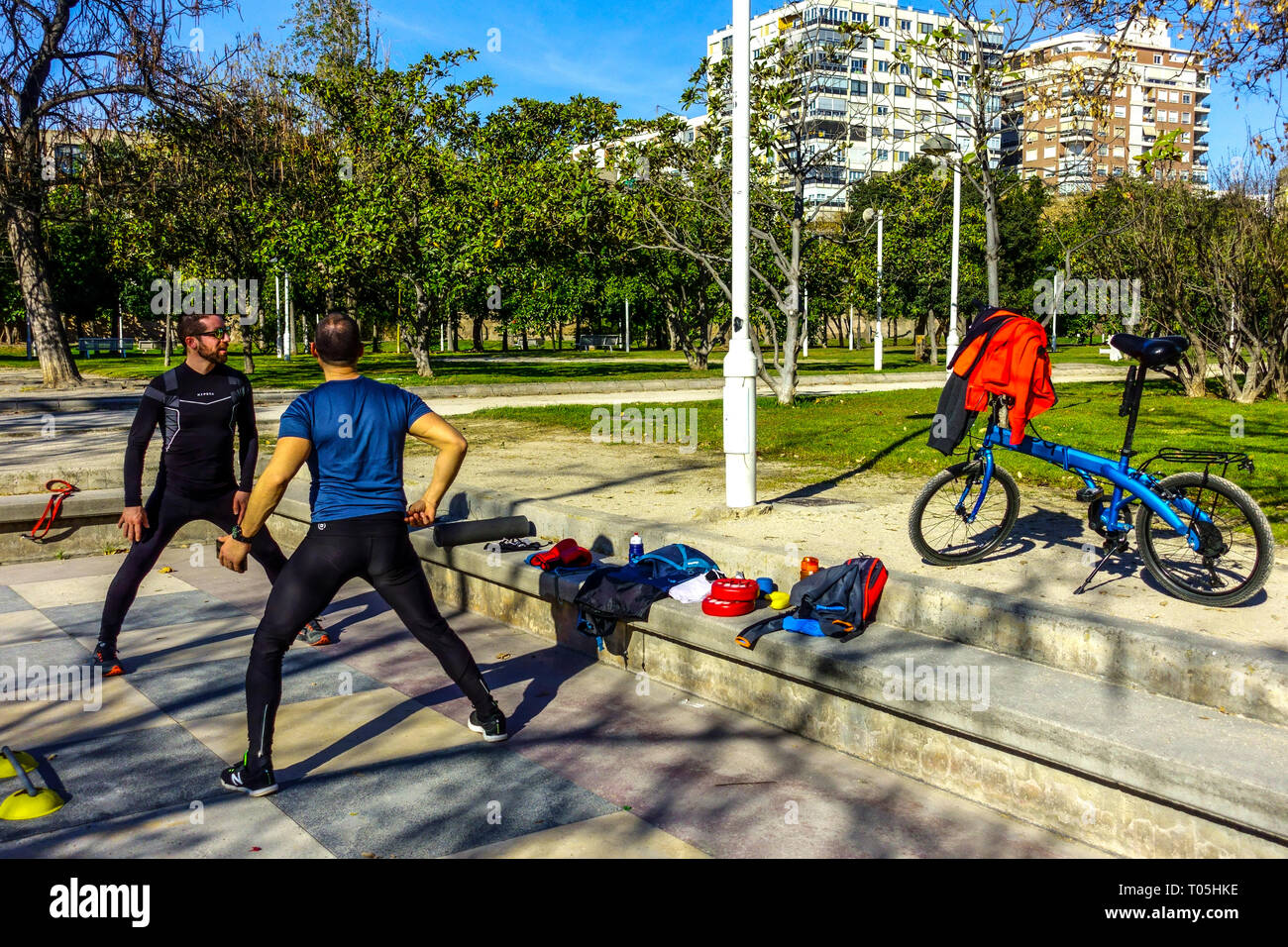 Valencia Turia Park, Warming up, Valencia Spain lifestyle fitness Men gym Stock Photo